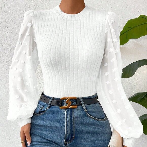 Tops - White Casual Women's Round Neck Slim-Fit Top With Mesh Contrast